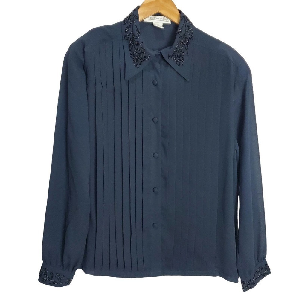 Preston & York Blouse Womens 14 Dark Blue Embellished Beaded Button Down Floral